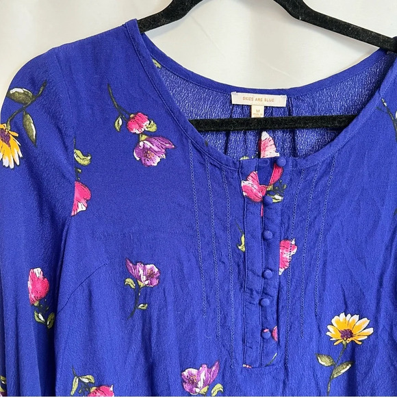 Skies Are Blue Floral Blouse Casual Long Sleeve Blue Shirt Women’s Size Medium - Picture 3 of 12